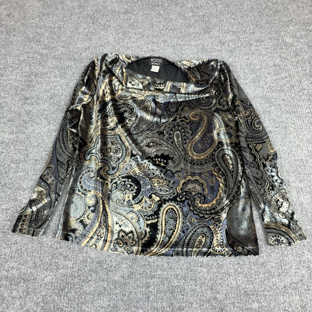 Koos Of Course Blouse Womens Medium Black Paisley Velvet Cowl Neck Long Sleeve